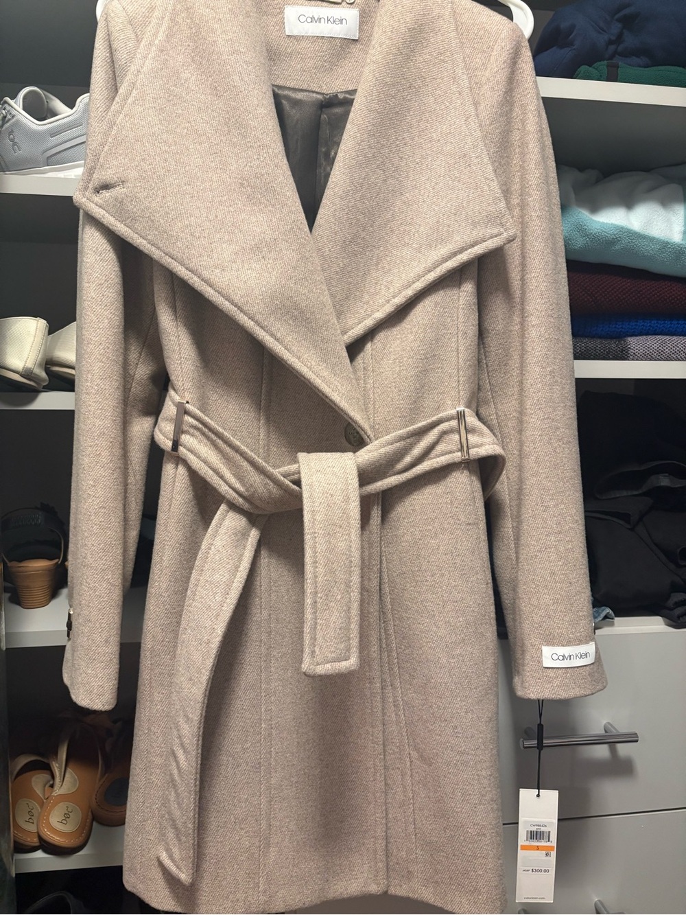 Calvin Klein Taupe Wrap Belted Wool Coat
